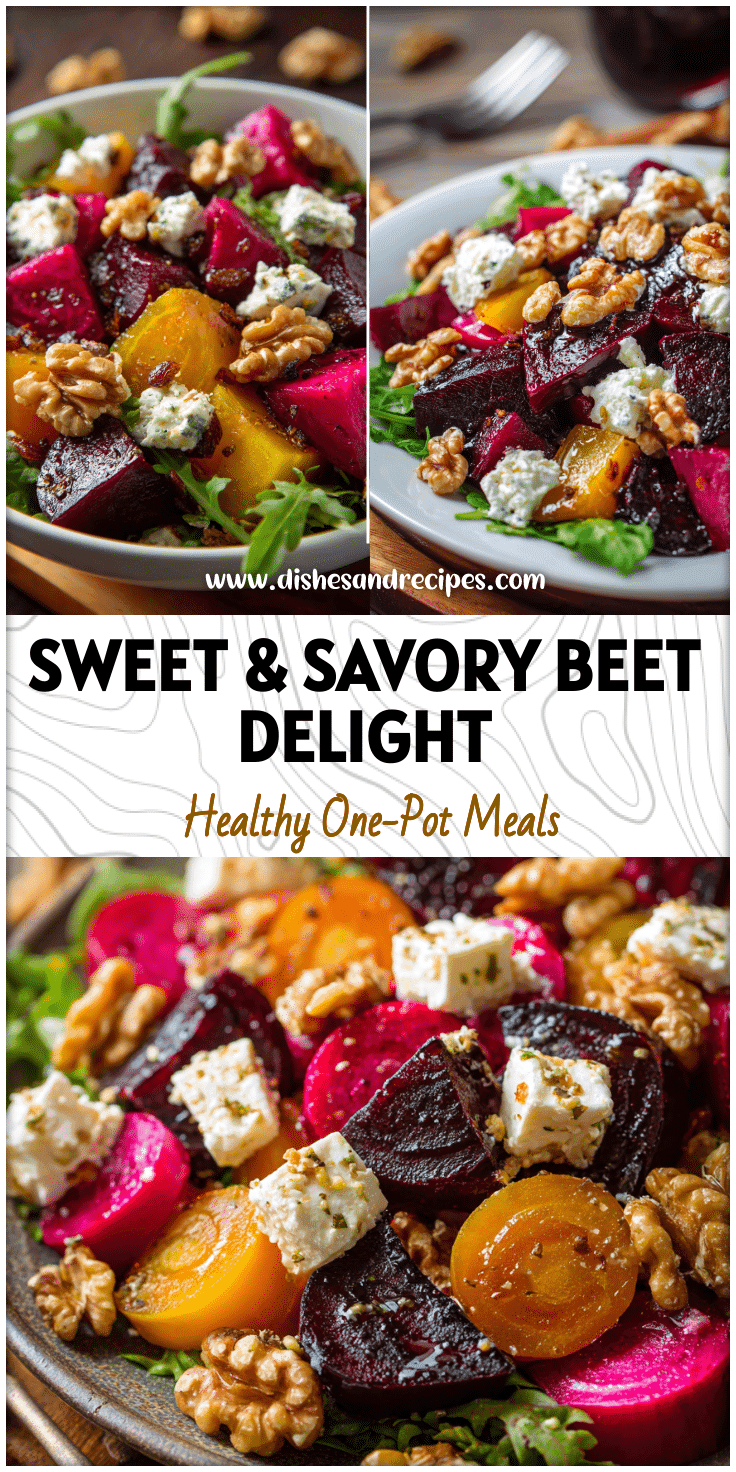 Vibrant Balsamic Roasted Beet Salad with goat cheese, walnuts, and raisins served as a Healthy Beet Salad Recipe.